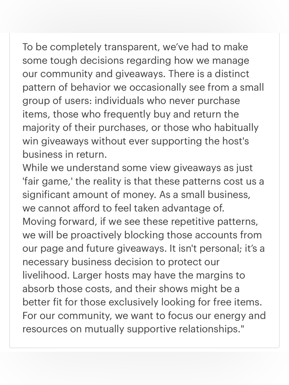 Update on giveaways